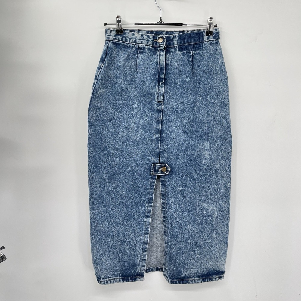 Prezzia 11 Denim Midi Skirt Womens Blue Acid Wash High Waist Front Slit Vintage